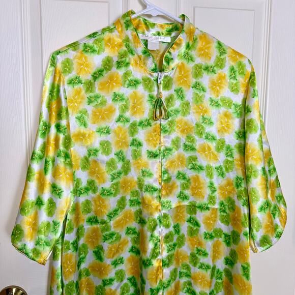 VTG Private Luxuries Natori Nightgown Floral Satin Zip Front Lounge Yellow Green - Picture 2 of 5